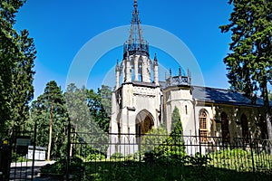 Gothic Revival Chapel Nestled Amongst Lush Trees on a Sunny Day photo