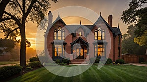 Gothic Revival residence features tall narrow windows and stunning sunset backdrop in a serene setting photo