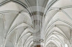 Gothic ribbed vault in the Knights` Hall of Corvin Castle. Architectural design.