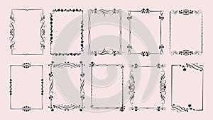 Gothic rose frames. Gothcore borders with flowers, leaves and spikes of roses. Elegant decorative flourish design