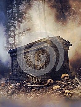Gothic sarcophagus on a pile of bones photo