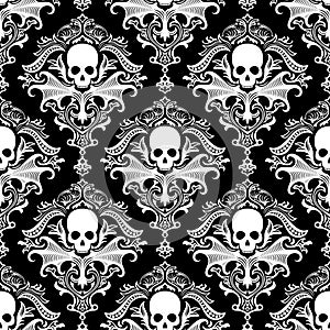 Gothic Skulls damask style black and white seamless pattern