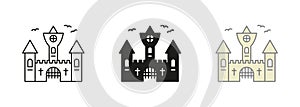 Gothic Spooky Castle Pictogram Black and Color Set. Vampire Dracula Scary Castle Line and Silhouette Icons. Dark Old