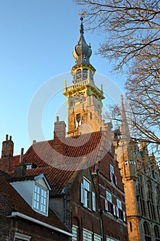 The gothic Stadhuis town hall with its impressive clock tower, located at the main square Markt in Veere