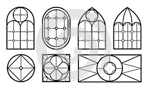 Gothic stained glass windows black and white linear vector illustration isolated.