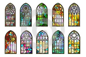 Gothic stained glass windows. Church medieval arches. Catholic cathedral mosaic frames. Old architecture design. Vector