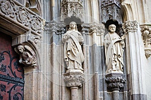 Gothic statues on portal to Basilica Minor of Saint Benedict in Hronsky Benadik