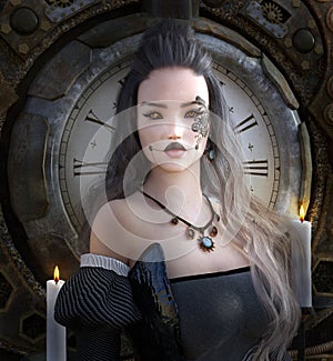 Gothic steampunk girl with a scary face