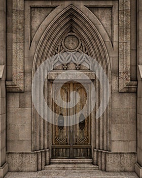 Gothic stone arch around old wooden door entrance to church or large house. 3D rendering