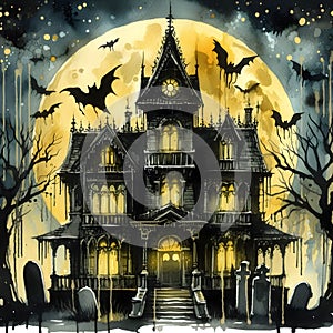 Gothic-style haunted house illuminated from within, set agai photo