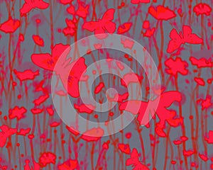 Gothic style seamless pattern with soft edged butterflies and field flowers. Halloween themed graphic print for clothing photo
