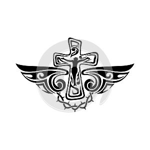 Gothic and tattoo marks. Christian symbols. Cross and Holy Spirit wings.