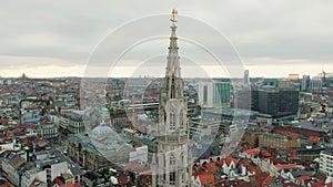 Gothic Tower of Brussels Town Hall. Aerial View of the Grand Place in Bruxelles