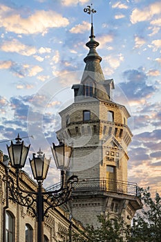 Gothic tower and city lights of Kyiv Politechnical university