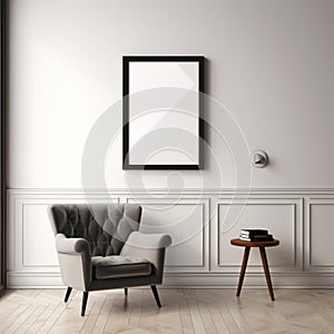 Gothic Undertones: Gray Chair And Empty Frame In White Living Room