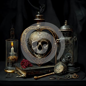 Gothic valentine still life. AI generative, AI generated illustration. bone skull inside heart shaped vial with candles and books