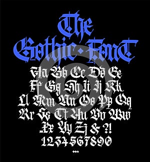 Gothic. Vector. Uppercase and lowercase letters on a black background. Beautiful and stylish calligraphy. Beautiful European font