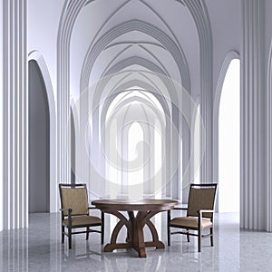 Gothic white interior church with wooden furniture 3D render