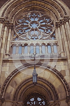 Gothic window on the facade of the cathedral of Olga and Elizabeth