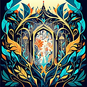 Gothic window with floral ornament. Vector illustration in vintage style. Generative AI