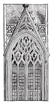 Gothic window of the late fifteenth century arch tierce point three mullions, ending in a fiery network, vintage engraving