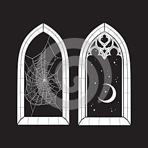 Gothic windows with cobweb and night sky with crescent moon hand drawn line art gothic tattoo design isolated vector illustration