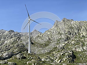 Gotthard wind farm or Windpark St. Gotthard in the alpine mountainous area of the Gotthard Pass Gotthardpass, Airolo