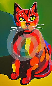 Gouache cat portrait painted by a child