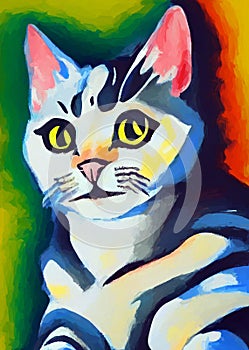 Gouache cat portrait painted by a child