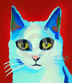 Gouache cat portrait painted by a child