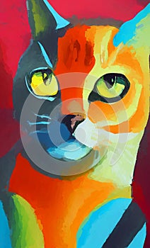 Gouache cat portrait painted by a child