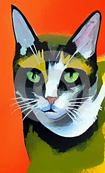 Gouache cat portrait painted by a child