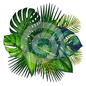 Gouache circle postcard with tropic leaves. Clipart for art work and weddind design