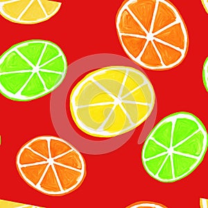 Gouache citrus seamless pattern. Hand painted fresh ripe summe green, orange and yellowr lemon fruits on red background