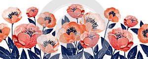 Gouache floral border with coral anemones and leaves. Hand-drawn clipart for art work and weddind design