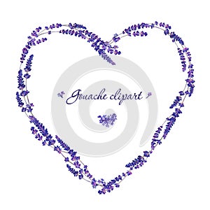 Gouache floral heart with lavender. Hand-drawn clipart for art work and weddind design