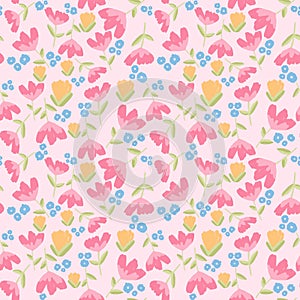 gouache floral pattern handpainted seamless repeating pattern pink background photo