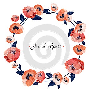 Gouache floral wreath with coral anemones and leaves. Hand-drawn clipart for art work and weddind design