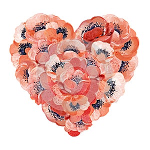 Gouache heart with coral anemones. Hand-drawn clipart for art work and weddind design