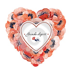 Gouache heart with coral anemones and white field to fill. Hand-drawn clipart for art work and weddind design