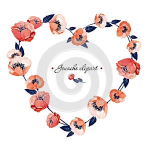 Gouache heart shaped floral frame with coral anemones. Hand-drawn clipart for art work and weddind design