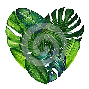 Gouache heart with tropic leaves. Clipart for art work and weddind design