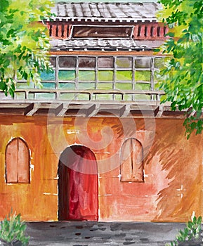 Gouache illustration of a bright red Asian house