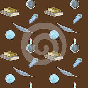 gouache magic seamless pattern with magic book and crystall