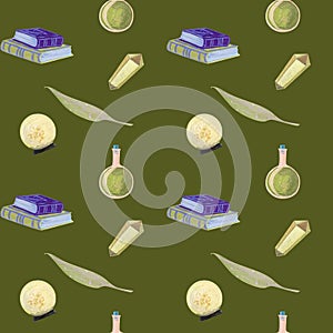 Gouache magic seamless pattern with magic book and crystall