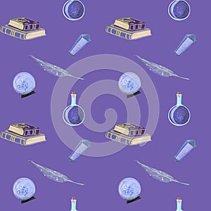 gouache magic seamless pattern with magic book and crystall
