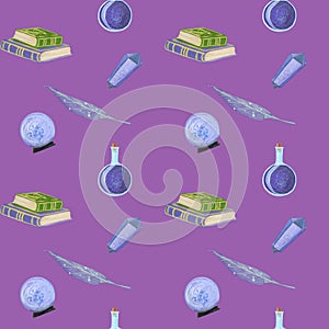 gouache magic seamless pattern with magic book and crystall