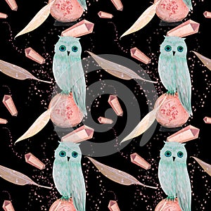 gouache magic seamless pattern with owl and crystall
