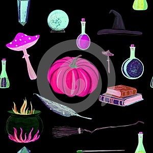 gouache magic seamless pattern with magic wand, elixir, books