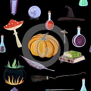 gouache magic seamless pattern with magic wand, elixir, books
